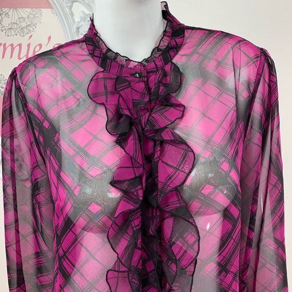 Dialogue / Ruffled Purple Black Button Up Blouse - Picture 3 of 8